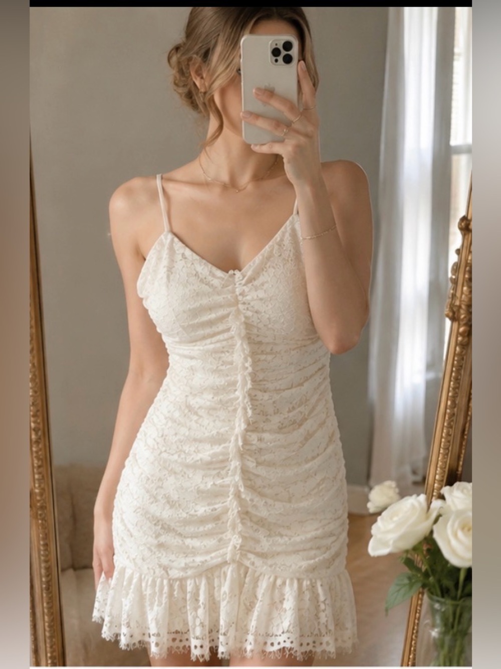 NaNa Cream Lace Ruched Strapless Slip Dress